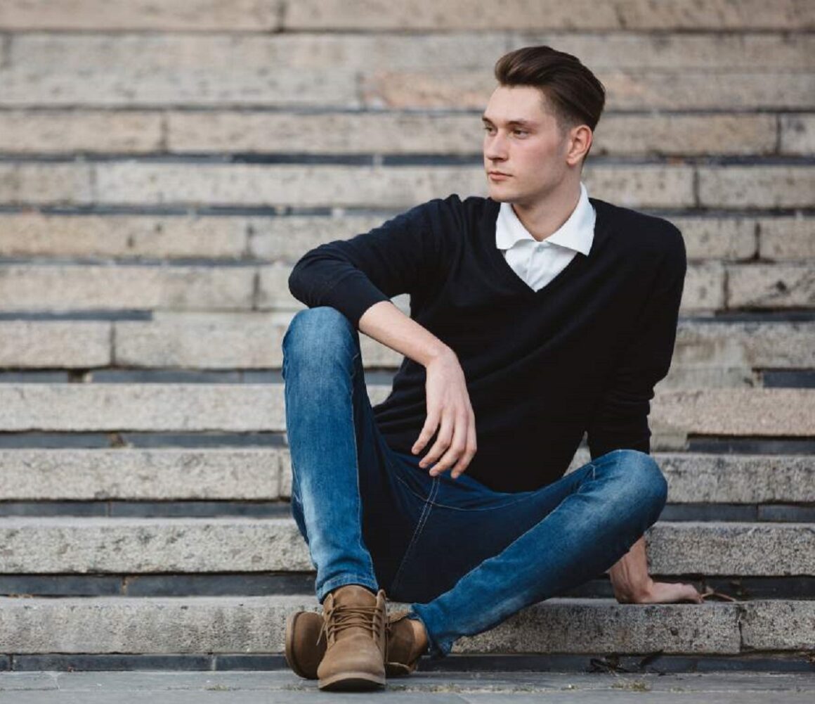 fashionable, handsome man wearing black shirts with brown shoes