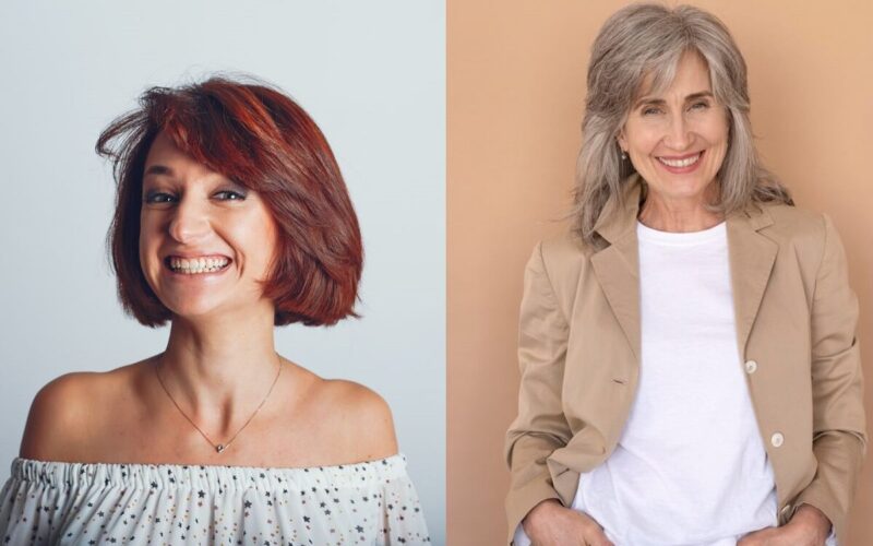 Two older women with modern short hairstyles: one with vibrant red hair and the other with natural grey hair.